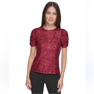 DKNY Red Sequin Short Sleeve Blouse